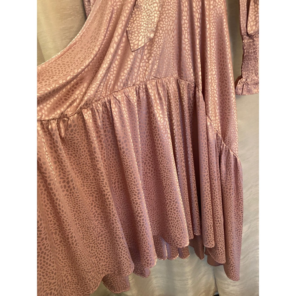 Rosevelvet Pink Satin Leopard Print Midi Dress Size S Puff Sleeve Belted - Picture 6 of 13